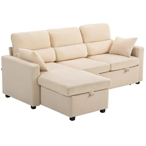 Verstelbare bedbank, l vormige logeerbank met bedfunctie, opslagruimte, kussens, voor woonkamer, logeerkamer, beige 1