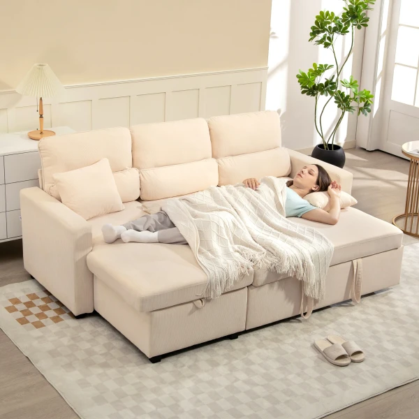 Verstelbare bedbank, l vormige logeerbank met bedfunctie, opslagruimte, kussens, voor woonkamer, logeerkamer, beige 10