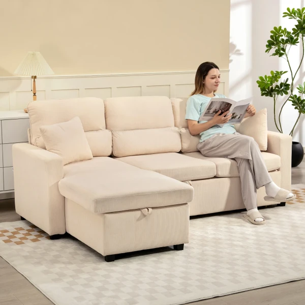 Verstelbare bedbank, l vormige logeerbank met bedfunctie, opslagruimte, kussens, voor woonkamer, logeerkamer, beige 2