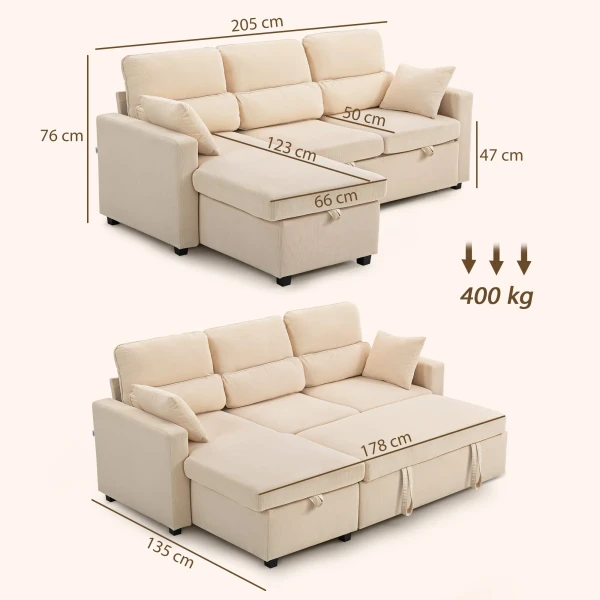 Verstelbare bedbank, l vormige logeerbank met bedfunctie, opslagruimte, kussens, voor woonkamer, logeerkamer, beige 4