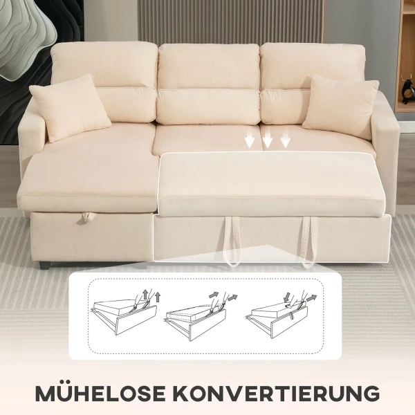 Verstelbare bedbank, l vormige logeerbank met bedfunctie, opslagruimte, kussens, voor woonkamer, logeerkamer, beige 6