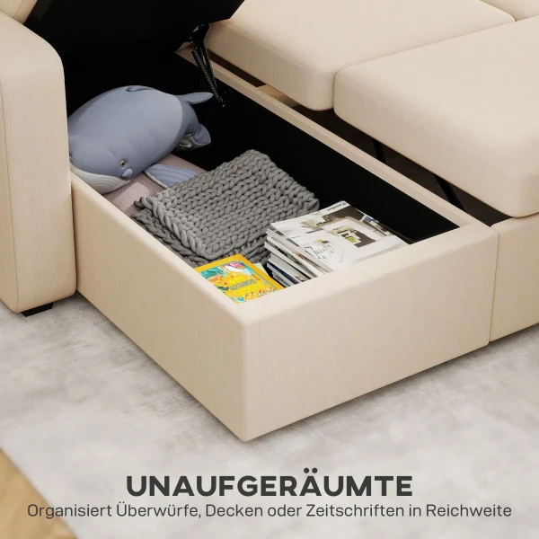 Verstelbare bedbank, l vormige logeerbank met bedfunctie, opslagruimte, kussens, voor woonkamer, logeerkamer, beige 7