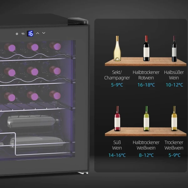 Vrijstaande wijnkoelkast, 16 flessen, voor huisbar, woonkamer, keuken touchscreen, glazen deur, led verlichting 10