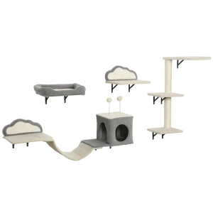 Wandgemonteerd krabpaal set, sisal kraboppervlakken, 4 delen, voor 1 3 katten, beige 1