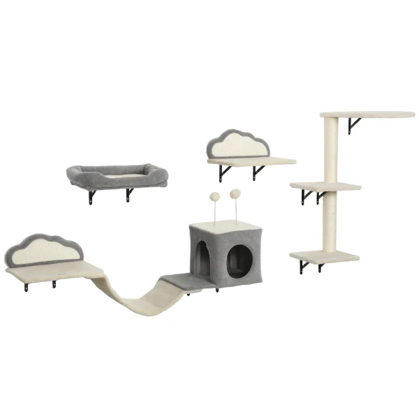 Wandgemonteerd krabpaal set, sisal kraboppervlakken, 4 delen, voor 1 3 katten, beige 1