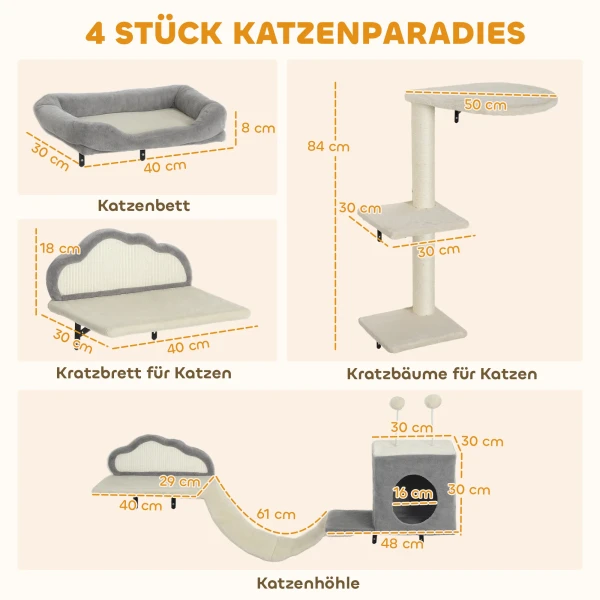 Wandgemonteerd krabpaal set, sisal kraboppervlakken, 4 delen, voor 1 3 katten, beige 4