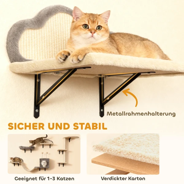 Wandgemonteerd krabpaal set, sisal kraboppervlakken, 4 delen, voor 1 3 katten, beige 5