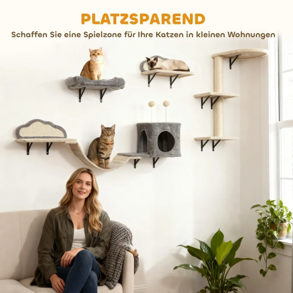 Wandgemonteerd krabpaal set, sisal kraboppervlakken, 4 delen, voor 1 3 katten, beige 6