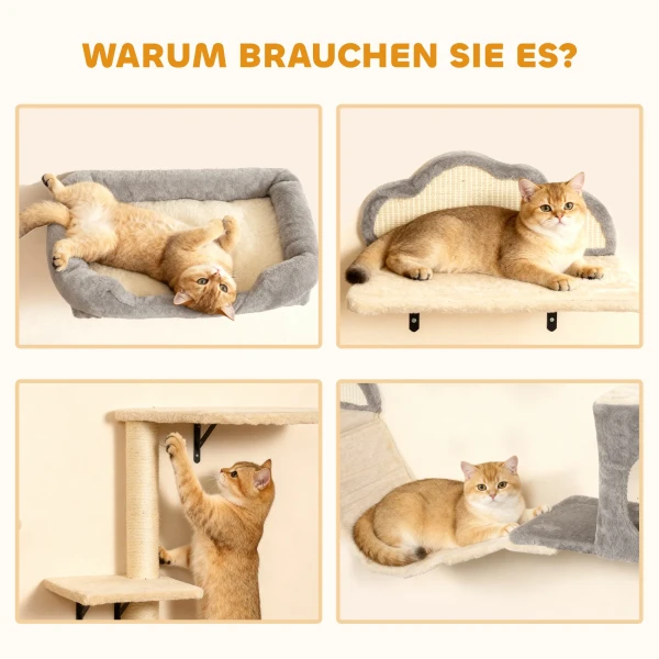 Wandgemonteerd krabpaal set, sisal kraboppervlakken, 4 delen, voor 1 3 katten, beige 7