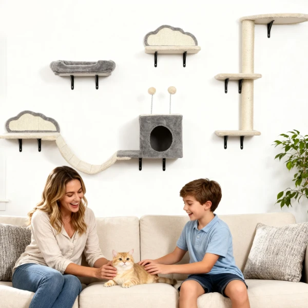 Wandgemonteerd krabpaal set, sisal kraboppervlakken, 4 delen, voor 1 3 katten, beige 9