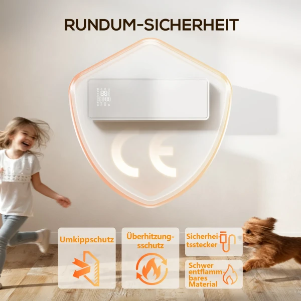 Wandgemonteerde 2000w keramische elektrische verwarming, ventilator, thermostaat, timer, afstandsbediening, glazen paneel, wit 10