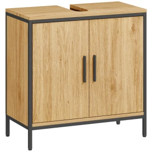 Wastafelonderkast, onderkast met 2 deuren, verstelbaar rek, 60x30x60 cm badkamerkast met stalen frame, voor wastafels zonder voet, eiken 1
