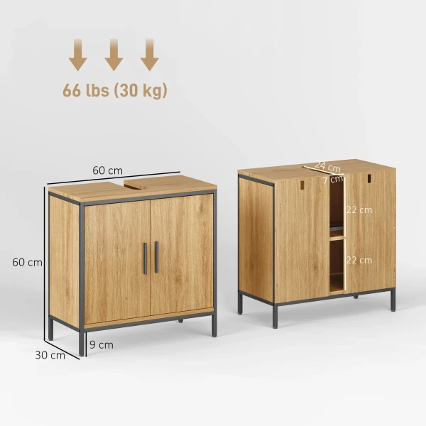 Wastafelonderkast, onderkast met 2 deuren, verstelbaar rek, 60x30x60 cm badkamerkast met stalen frame, voor wastafels zonder voet, eiken 4