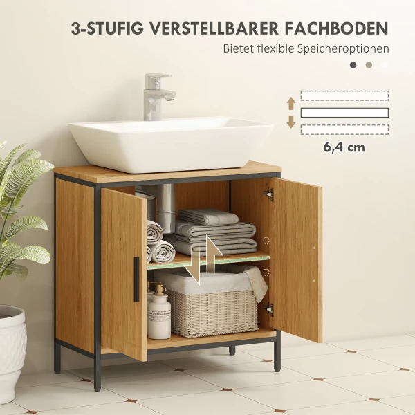 Wastafelonderkast, onderkast met 2 deuren, verstelbaar rek, 60x30x60 cm badkamerkast met stalen frame, voor wastafels zonder voet, eiken 6