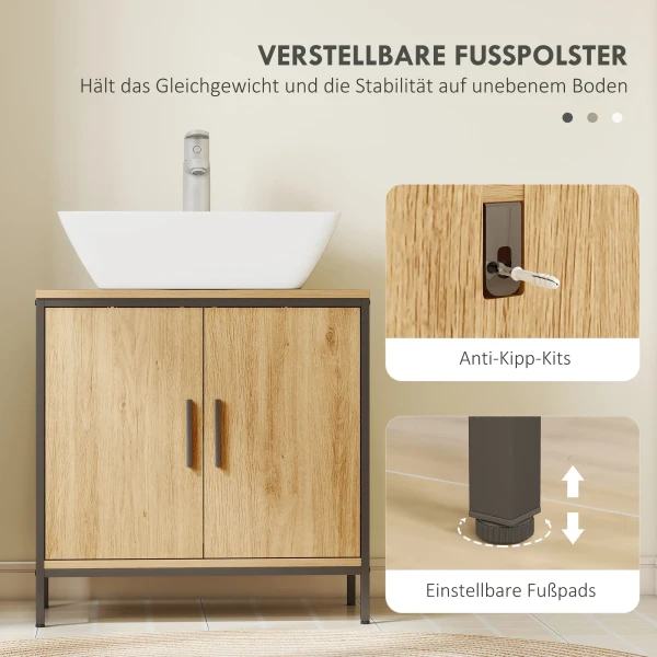 Wastafelonderkast, onderkast met 2 deuren, verstelbaar rek, 60x30x60 cm badkamerkast met stalen frame, voor wastafels zonder voet, eiken 7
