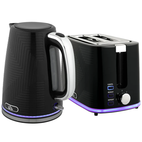Waterkoker en broodrooster set, 2200w, otter thermostaat, 2 sleuf broodrooster, 7 bruiningsniveaus, kruimellade, zwart 1
