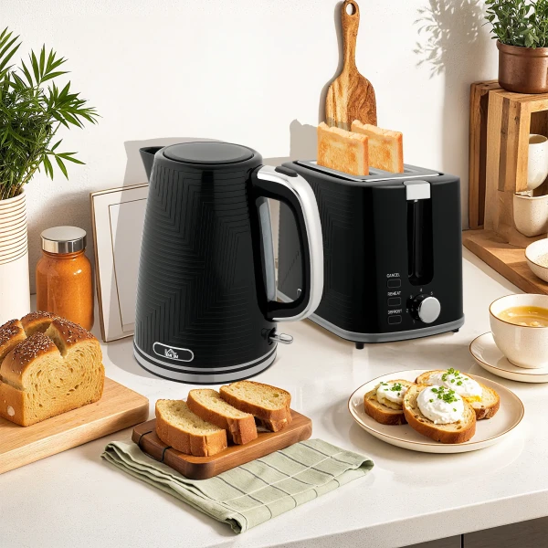Waterkoker en broodrooster set, 2200w, otter thermostaat, 2 sleuf broodrooster, 7 bruiningsniveaus, kruimellade, zwart 10