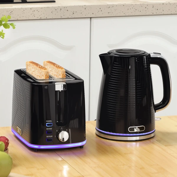 Waterkoker en broodrooster set, 2200w, otter thermostaat, 2 sleuf broodrooster, 7 bruiningsniveaus, kruimellade, zwart 2