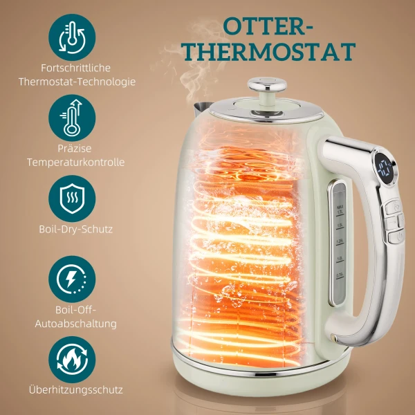 Waterkoker en broodrooster set, led display, 1,7 liter, 2200w, retro ontwerp, geheugenfunctie, grijs 5