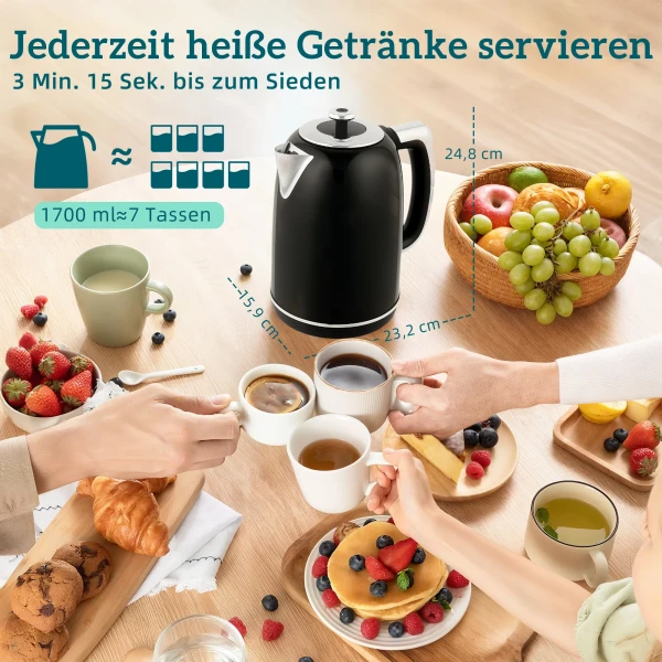 Waterkoker en broodrooster set, led display, 1,7 liter, 2200w, retro ontwerp, geheugenfunctie, zwart 4
