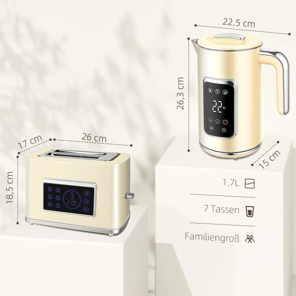 Waterkoker en broodrooster set met led touchscreen, 1,7 l, 2 broodroostersleuven, verschillende modi en functies, crèmewit 4