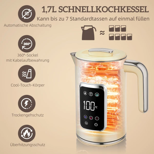 Waterkoker en broodrooster set met led touchscreen, 1,7 l, 2 broodroostersleuven, verschillende modi en functies, crèmewit 5