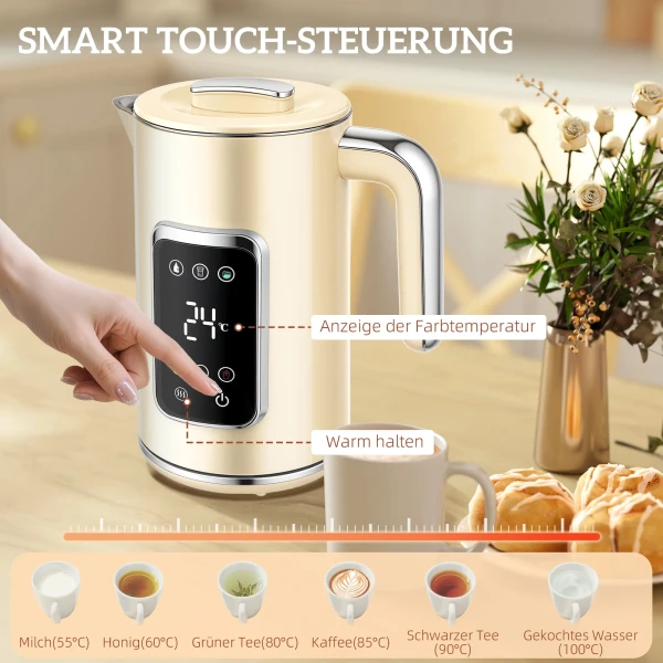 Waterkoker en broodrooster set met led touchscreen, 1,7 l, 2 broodroostersleuven, verschillende modi en functies, crèmewit 6