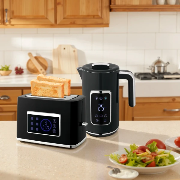 Waterkoker en broodrooster set met led touchscreen, 1,7 l, 2 broodroostersleuven, verschillende modi en functies, zwart 10