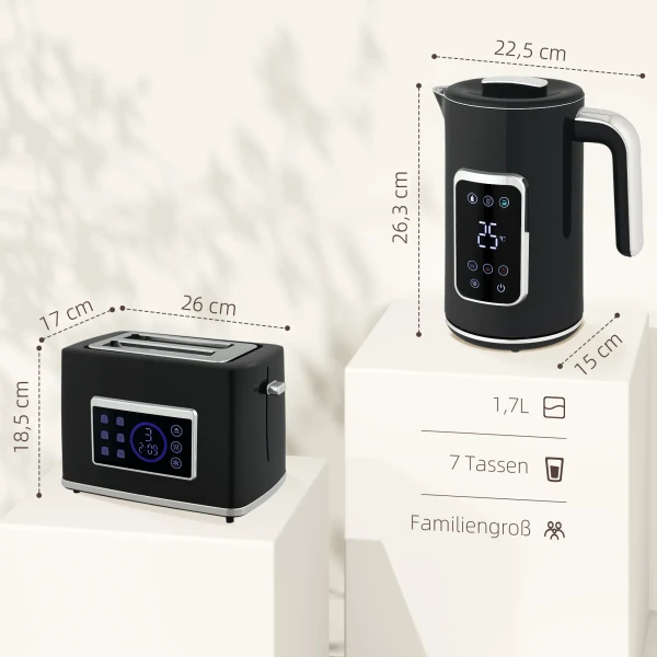 Waterkoker en broodrooster set met led touchscreen, 1,7 l, 2 broodroostersleuven, verschillende modi en functies, zwart 4