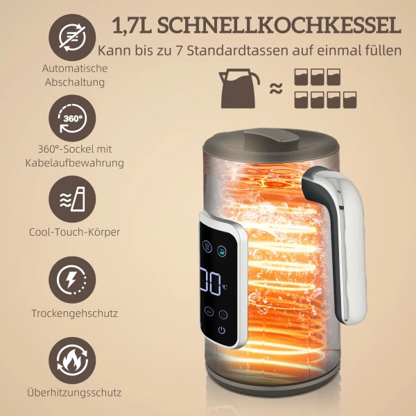 Waterkoker en broodrooster set met led touchscreen, 1,7 l, 2 broodroostersleuven, verschillende modi en functies, zwart 5