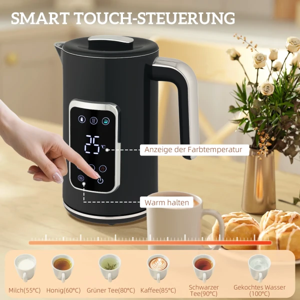 Waterkoker en broodrooster set met led touchscreen, 1,7 l, 2 broodroostersleuven, verschillende modi en functies, zwart 6