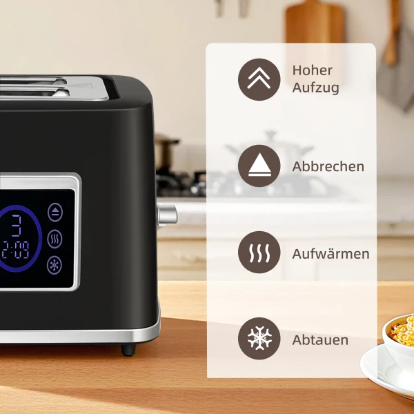 Waterkoker en broodrooster set met led touchscreen, 1,7 l, 2 broodroostersleuven, verschillende modi en functies, zwart 8
