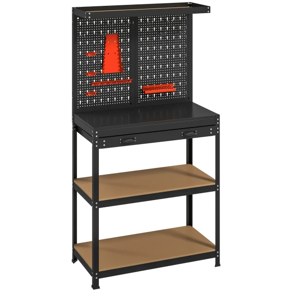 Werkbank 80 x 40,5 x 155 cm werkbank met perforatiebord, haken, lade, 2 planken voor werkplaats zwart 1