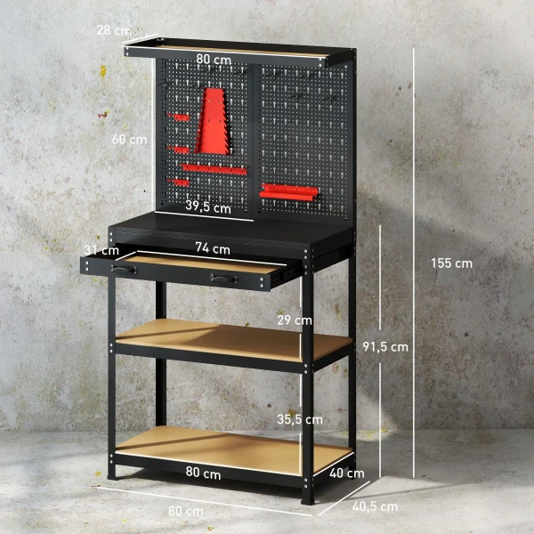 Werkbank 80 x 40,5 x 155 cm werkbank met perforatiebord, haken, lade, 2 planken voor werkplaats zwart 4