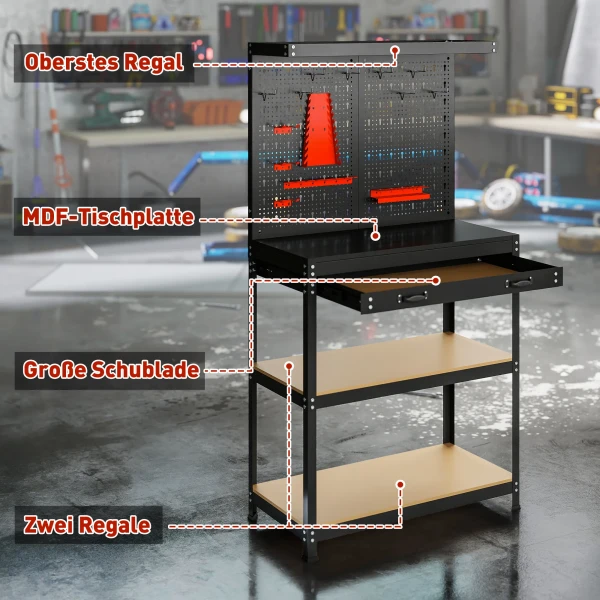 Werkbank 80 x 40,5 x 155 cm werkbank met perforatiebord, haken, lade, 2 planken voor werkplaats zwart 5
