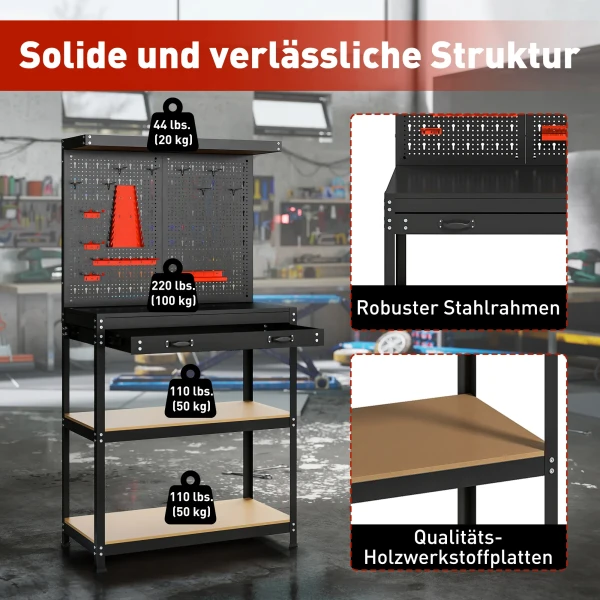 Werkbank 80 x 40,5 x 155 cm werkbank met perforatiebord, haken, lade, 2 planken voor werkplaats zwart 7