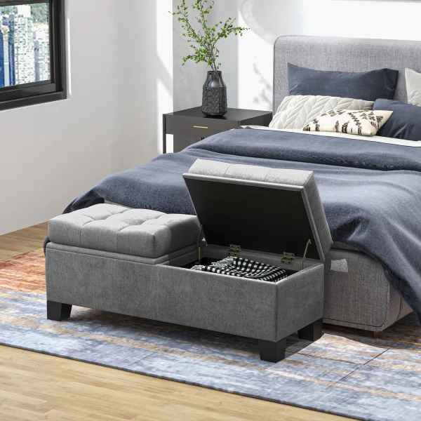Zitbank met opbergruimte, gestoffeerde bank met linnenlook, gepolsterde opbergdoos tot 180kg belastbaar, voor gang, slaapkamer, woonkamer, 116x41x47 cm, grijs 10
