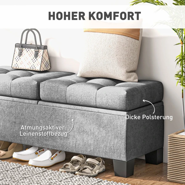 Zitbank met opbergruimte, gestoffeerde bank met linnenlook, gepolsterde opbergdoos tot 180kg belastbaar, voor gang, slaapkamer, woonkamer, 116x41x47 cm, grijs 6