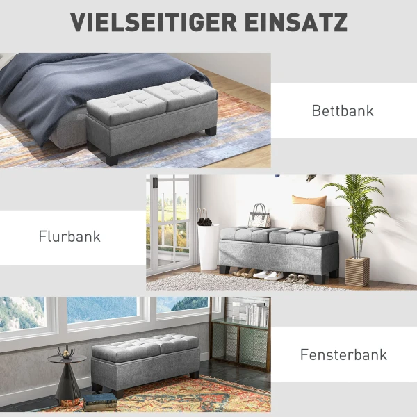 Zitbank met opbergruimte, gestoffeerde bank met linnenlook, gepolsterde opbergdoos tot 180kg belastbaar, voor gang, slaapkamer, woonkamer, 116x41x47 cm, grijs 7