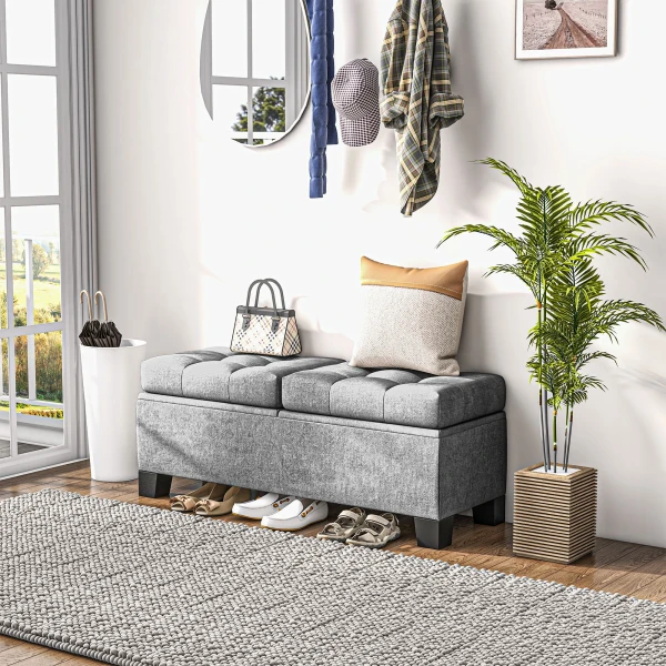 Zitbank met opbergruimte, gestoffeerde bank met linnenlook, gepolsterde opbergdoos tot 180kg belastbaar, voor gang, slaapkamer, woonkamer, 116x41x47 cm, grijs 8