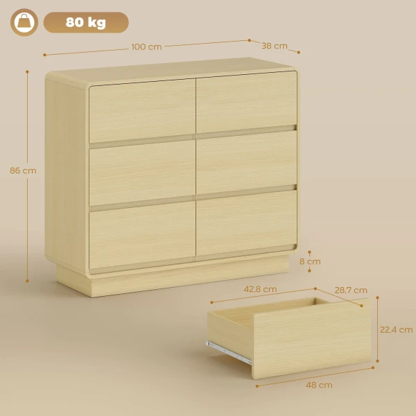 100 Cm Dressoir, Buffetkast Met 6 Lades, Commode Voor Keuken, Woonkamer, Eetkamer, Natuurhout