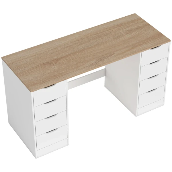 140 cm computertafel, 8 laden, bureau voor thuiswerkplek, slaapkamer, staal, hout, wit 1