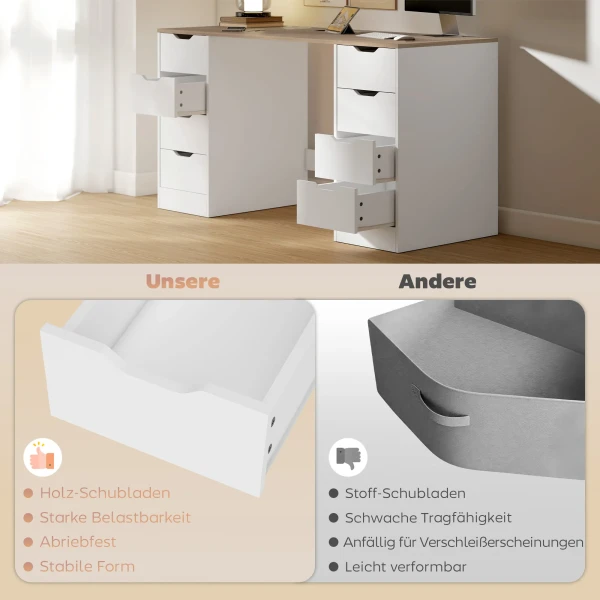 140 cm computertafel, 8 laden, bureau voor thuiswerkplek, slaapkamer, staal, hout, wit 6