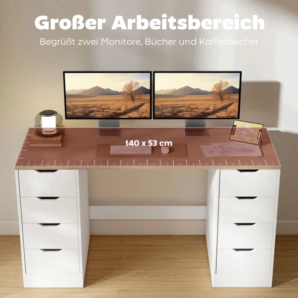 140 cm computertafel, 8 laden, bureau voor thuiswerkplek, slaapkamer, staal, hout, wit 7