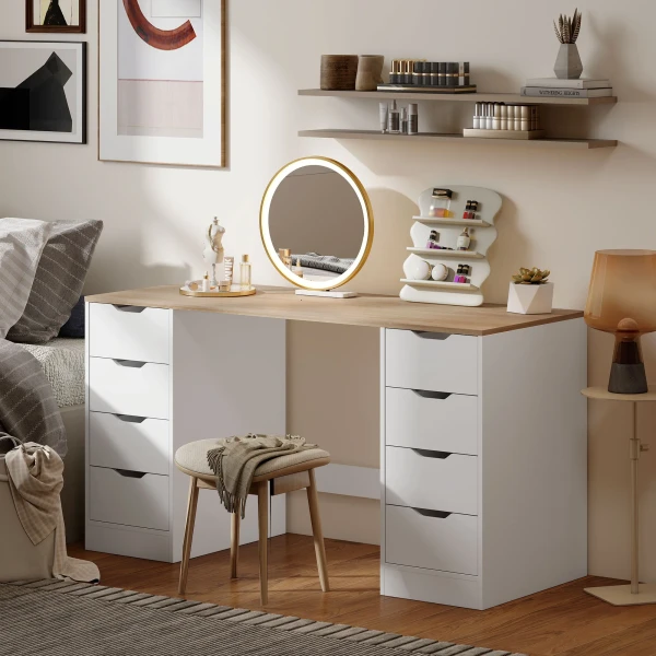 140 cm computertafel, 8 laden, bureau voor thuiswerkplek, slaapkamer, staal, hout, wit 9