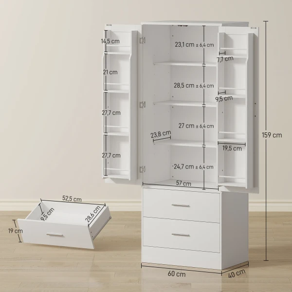 159 Cm Keukenkast, Verstelbare Planken, 2 Lades, Voor Keuken, Eetkamer, Spaanplaat, MDF, Wit