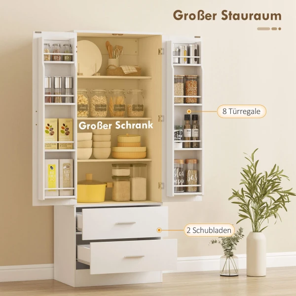 159 Cm Keukenkast, Verstelbare Planken, 2 Lades, Voor Keuken, Eetkamer, Spaanplaat, MDF, Wit