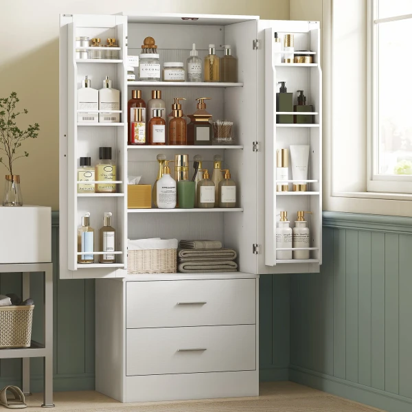 159 Cm Keukenkast, Verstelbare Planken, 2 Lades, Voor Keuken, Eetkamer, Spaanplaat, MDF, Wit