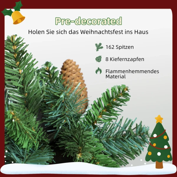 1,8 m kunstmatige kerstkrans bloemdecoratie met 162 punten 8 dennenappels groen 6