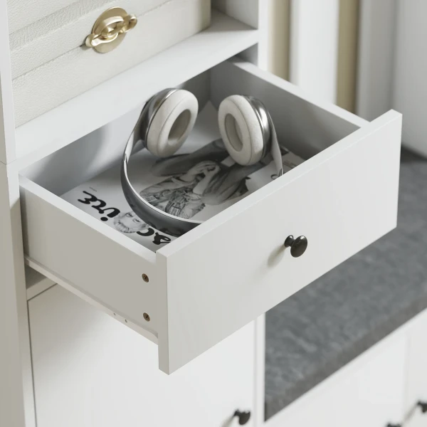 180 Cm Garderobekast Met Kledingrek, Schoenenbank, 4 Haken, Open Opbergvakken, MDF, Wit